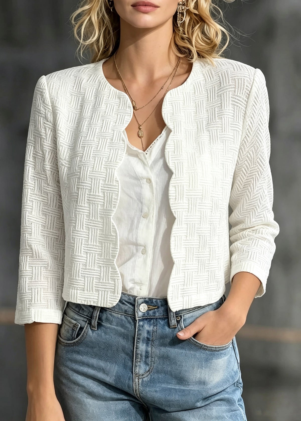 French White O-Neck Solid Cardigans Three Quarter Sleeve