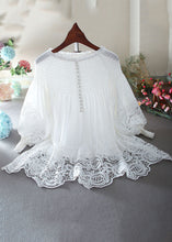 Load image into Gallery viewer, French White O-Neck Wrinkled Patchwork Hollow Out Shirt Long Sleeve