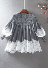 Load image into Gallery viewer, French White O-Neck Wrinkled Patchwork Hollow Out Shirt Long Sleeve
