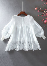 Load image into Gallery viewer, French White O-Neck Wrinkled Patchwork Hollow Out Shirt Long Sleeve