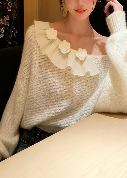 French White One Shoulder Floral Decorated Knit Sweater Winter
