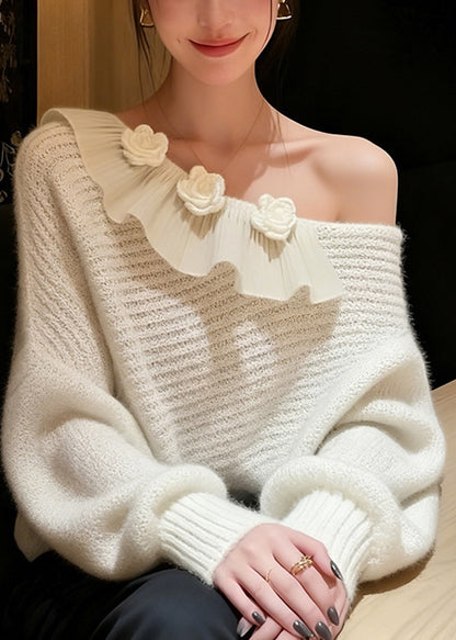 French White One Shoulder Floral Decorated Knit Sweater Winter