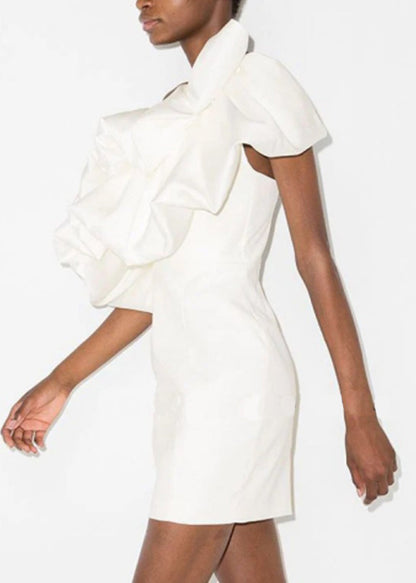 French White One Shoulder Pleated Dress Summer