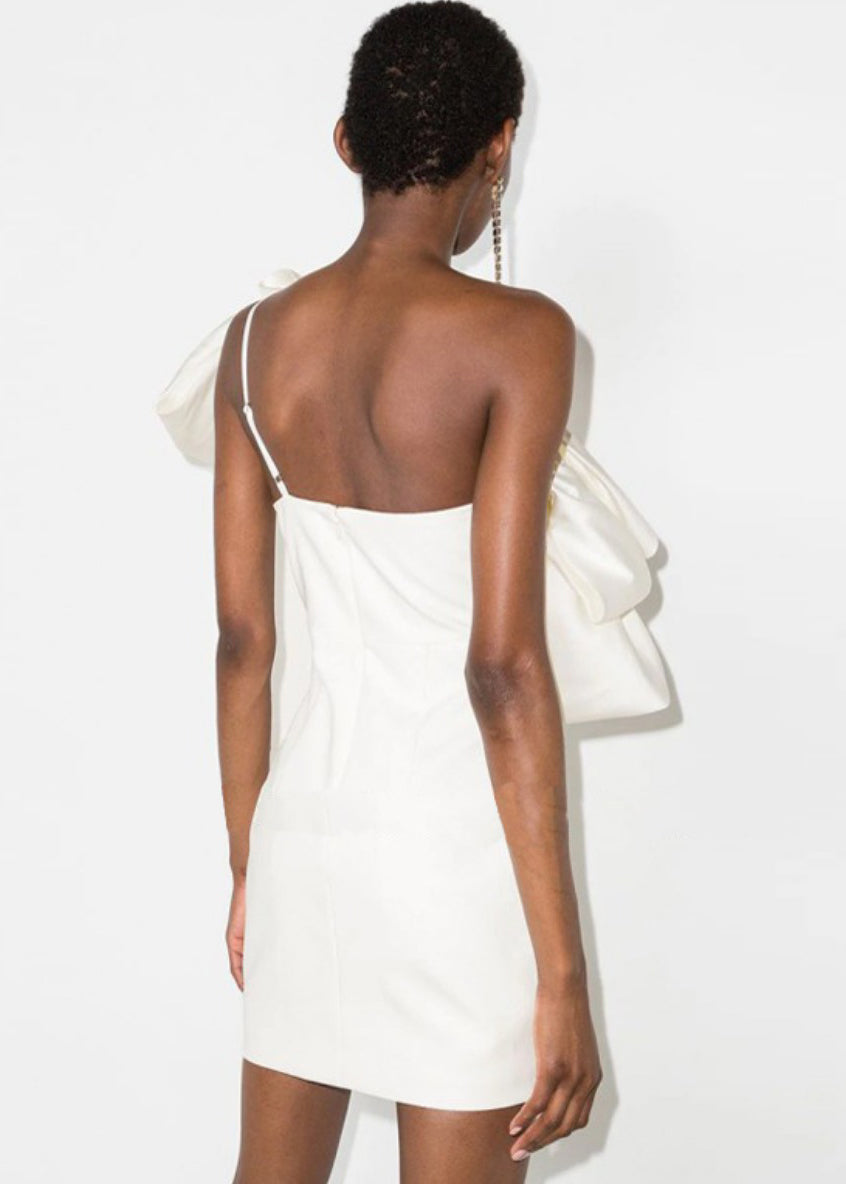 French White One Shoulder Pleated Dress Summer