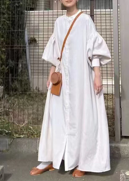 French White Oversized Cotton Shirt Dresses Lantern Sleeve