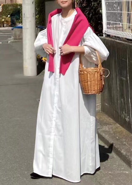 French White Oversized Cotton Shirt Dresses Lantern Sleeve