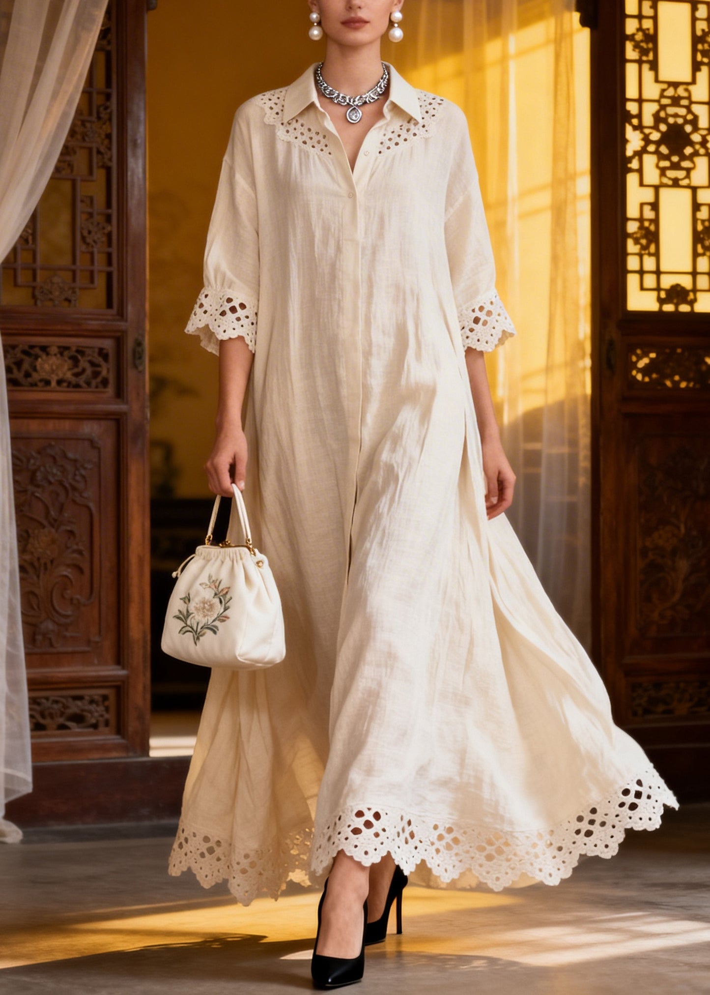 French White Oversized Hollow Out Cotton A Line Dresses Summer