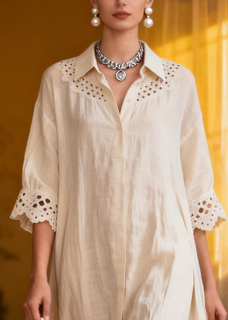 French White Oversized Hollow Out Cotton A Line Dresses Summer