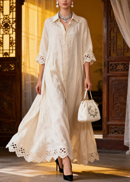 French White Oversized Hollow Out Cotton A Line Dresses Summer