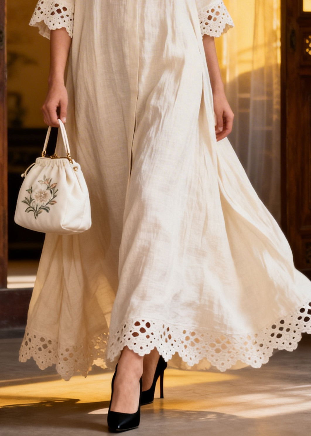 French White Oversized Hollow Out Cotton A Line Dresses Summer