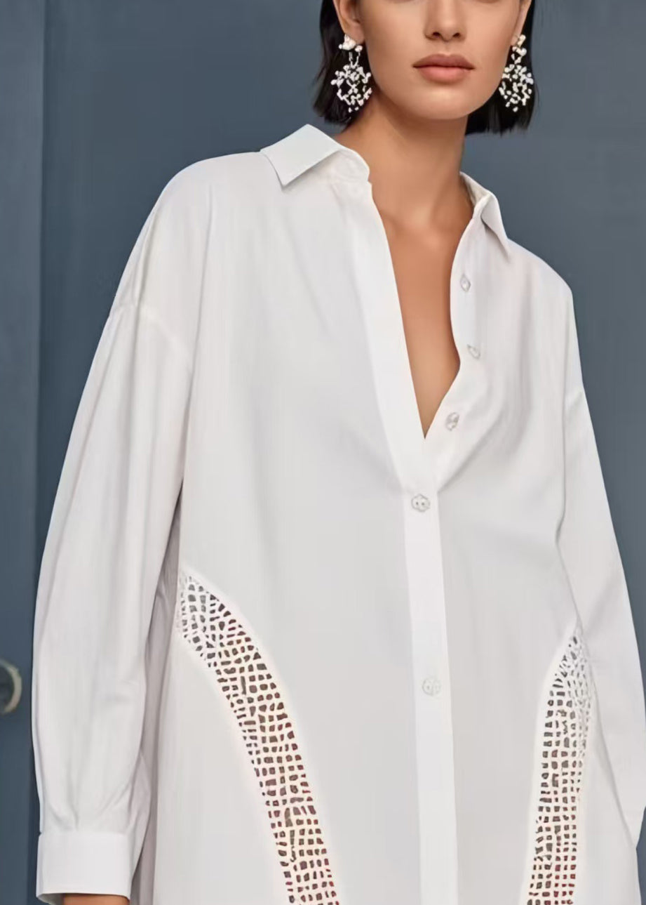 French White Oversized Hollow Out Cotton Day Dress Spring