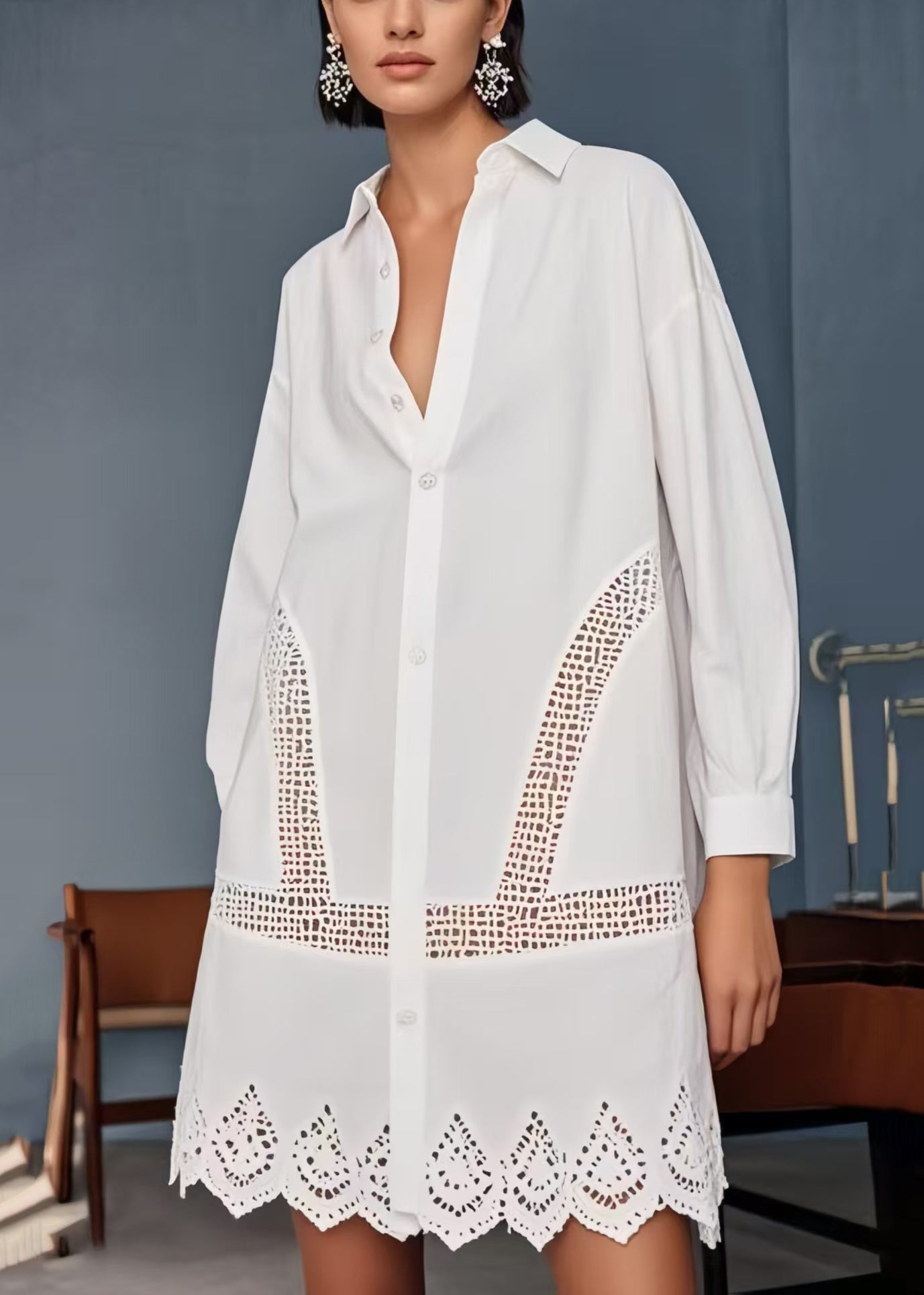 French White Oversized Hollow Out Cotton Day Dress Spring