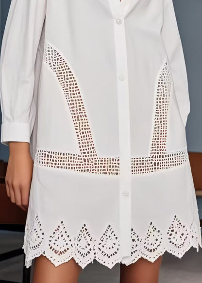 French White Oversized Hollow Out Cotton Day Dress Spring