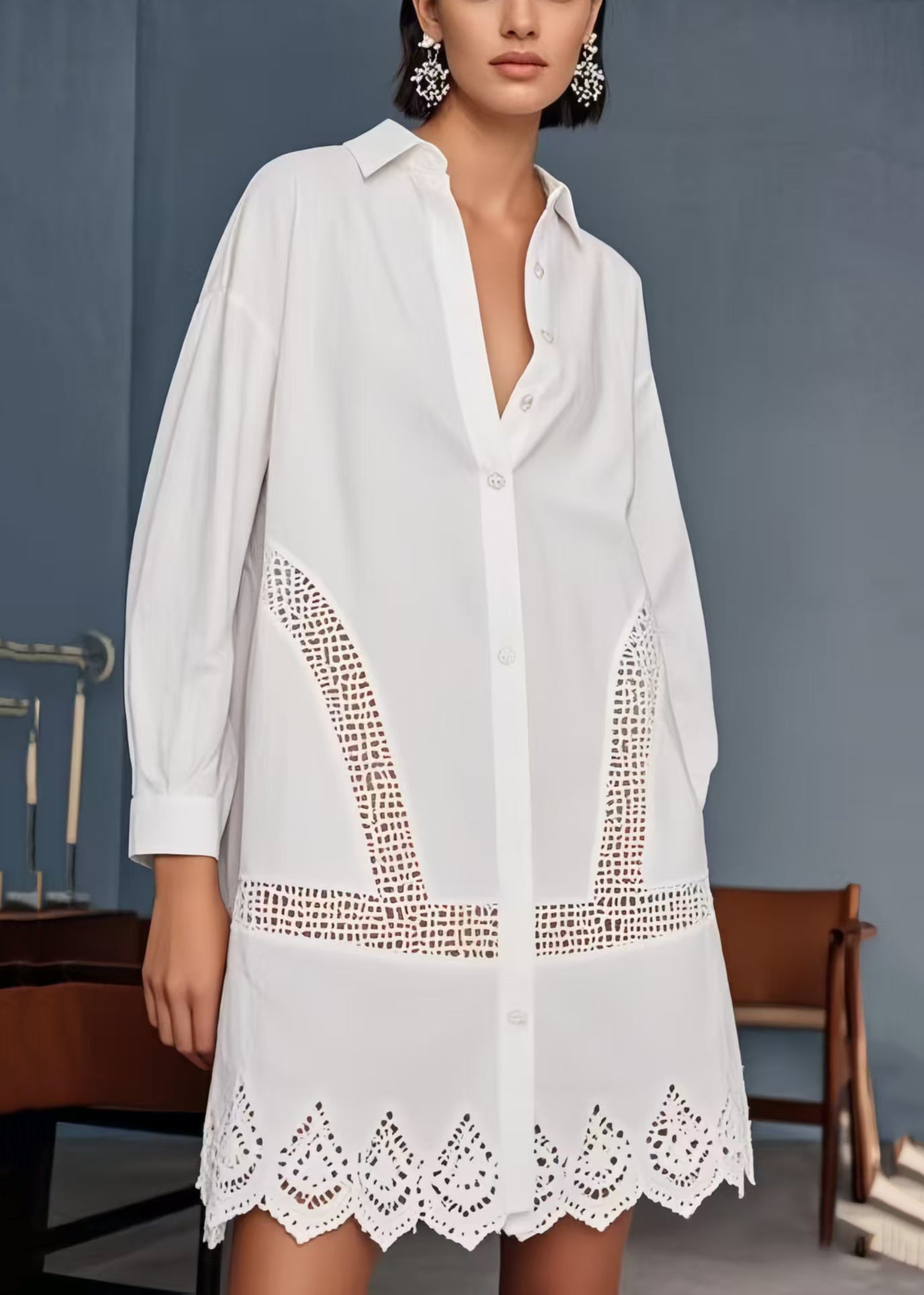 French White Oversized Hollow Out Cotton Day Dress Spring