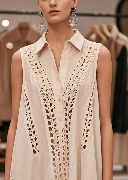 French White Oversized Hollow Out Cotton Dresses Sleeveless