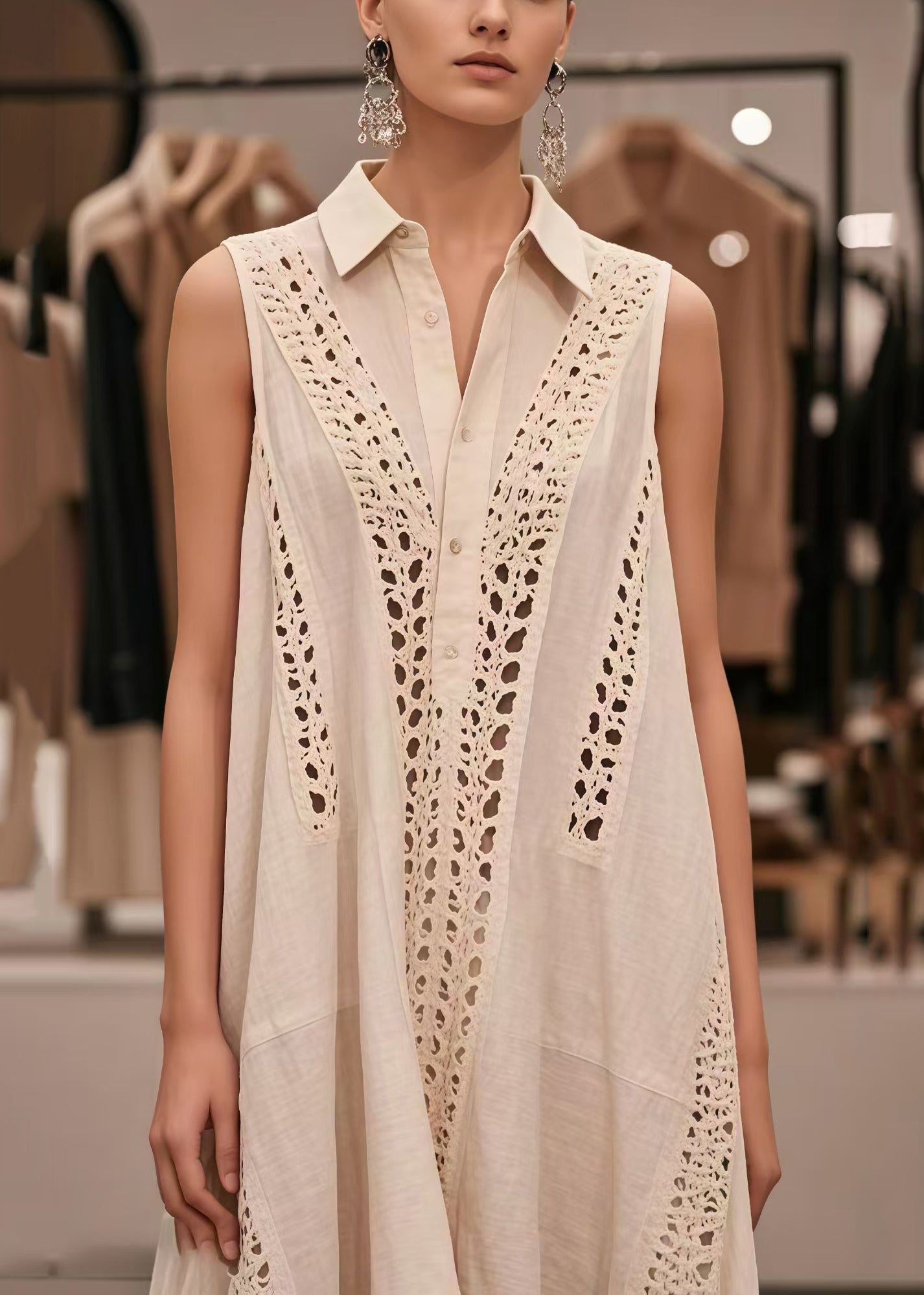 French White Oversized Hollow Out Cotton Dresses Sleeveless