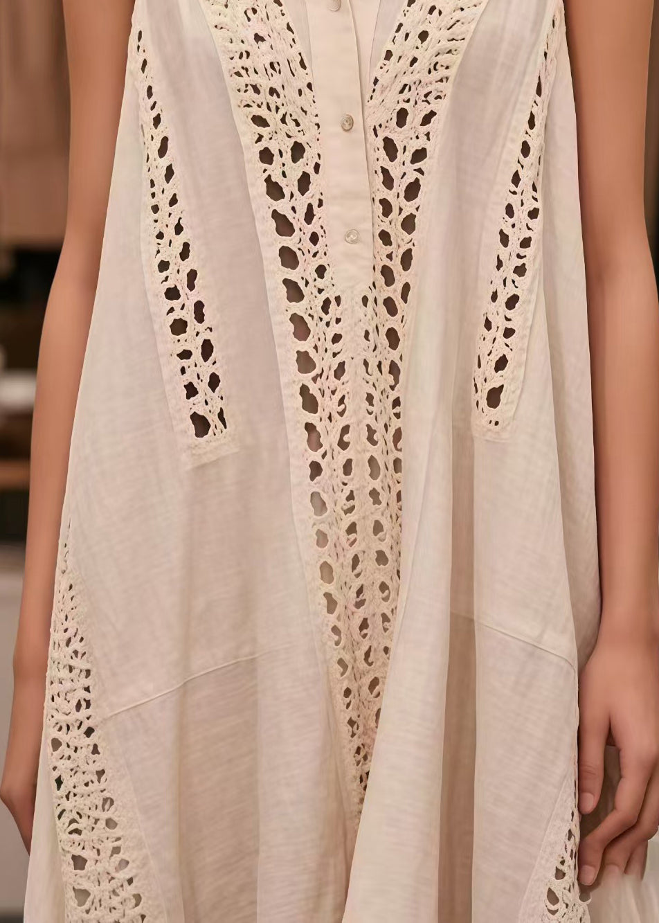 French White Oversized Hollow Out Cotton Dresses Sleeveless