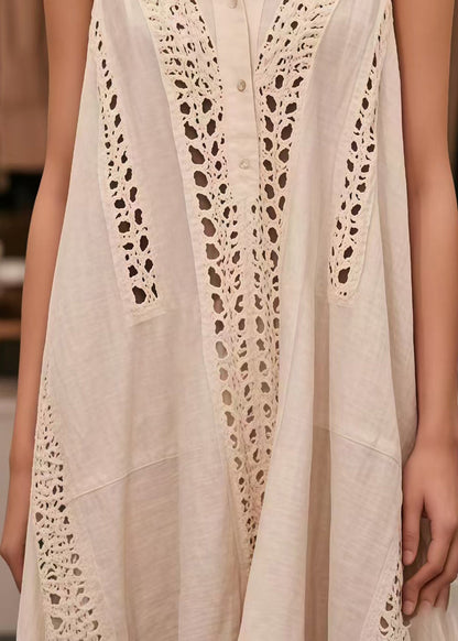 French White Oversized Hollow Out Cotton Dresses Sleeveless