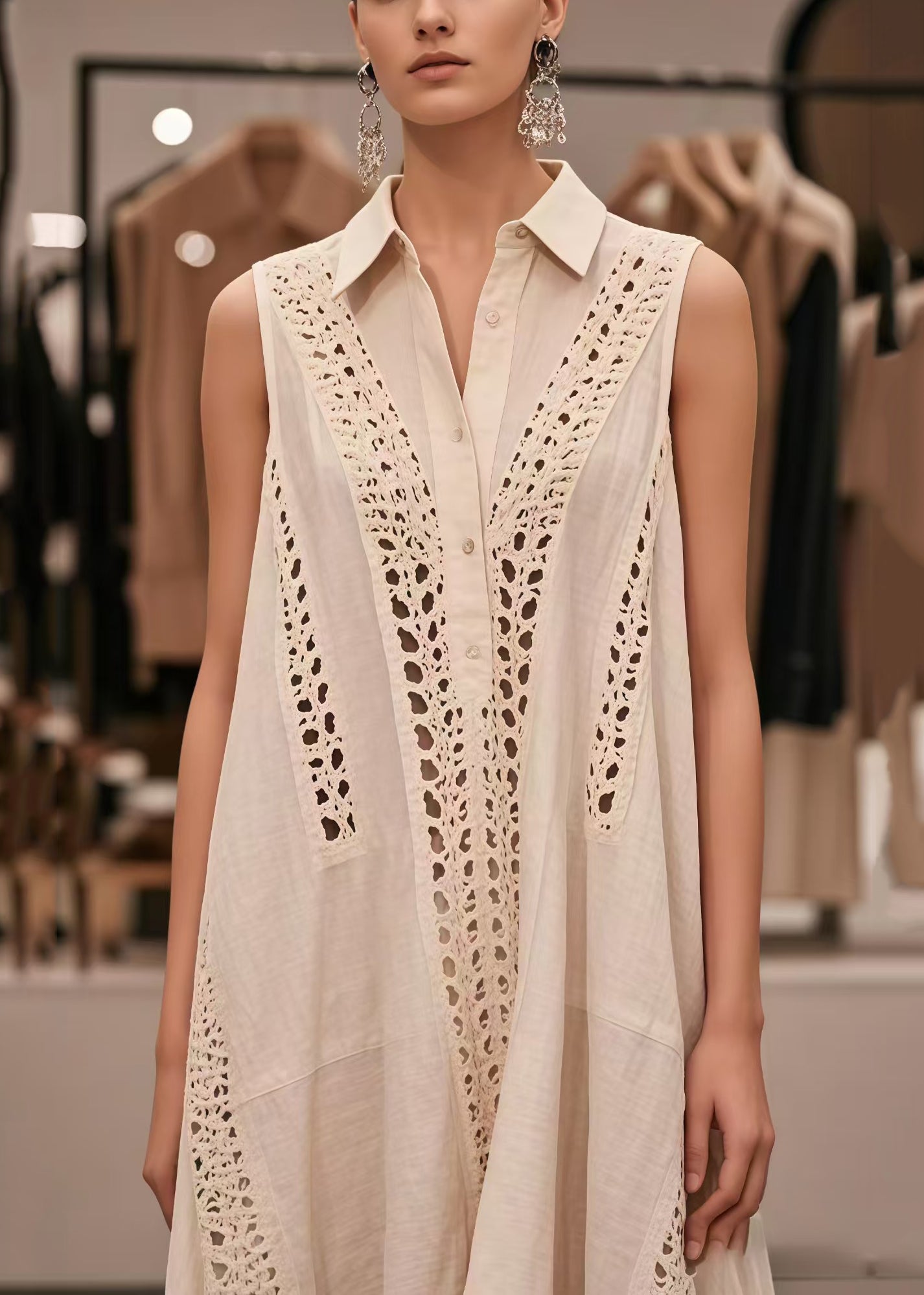 French White Oversized Hollow Out Cotton Dresses Sleeveless