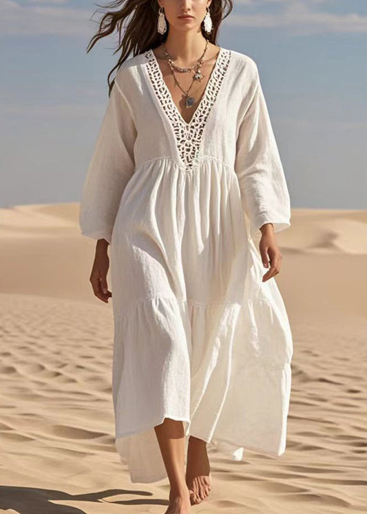 French White Oversized Hollow Out Cotton Long Dresses Spring