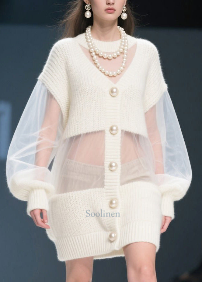 French White Oversized Patchwork Tulle Long Sweater Fall