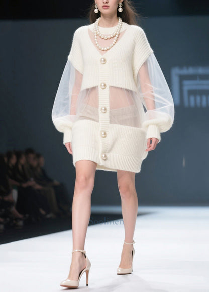 French White Oversized Patchwork Tulle Long Sweater Fall