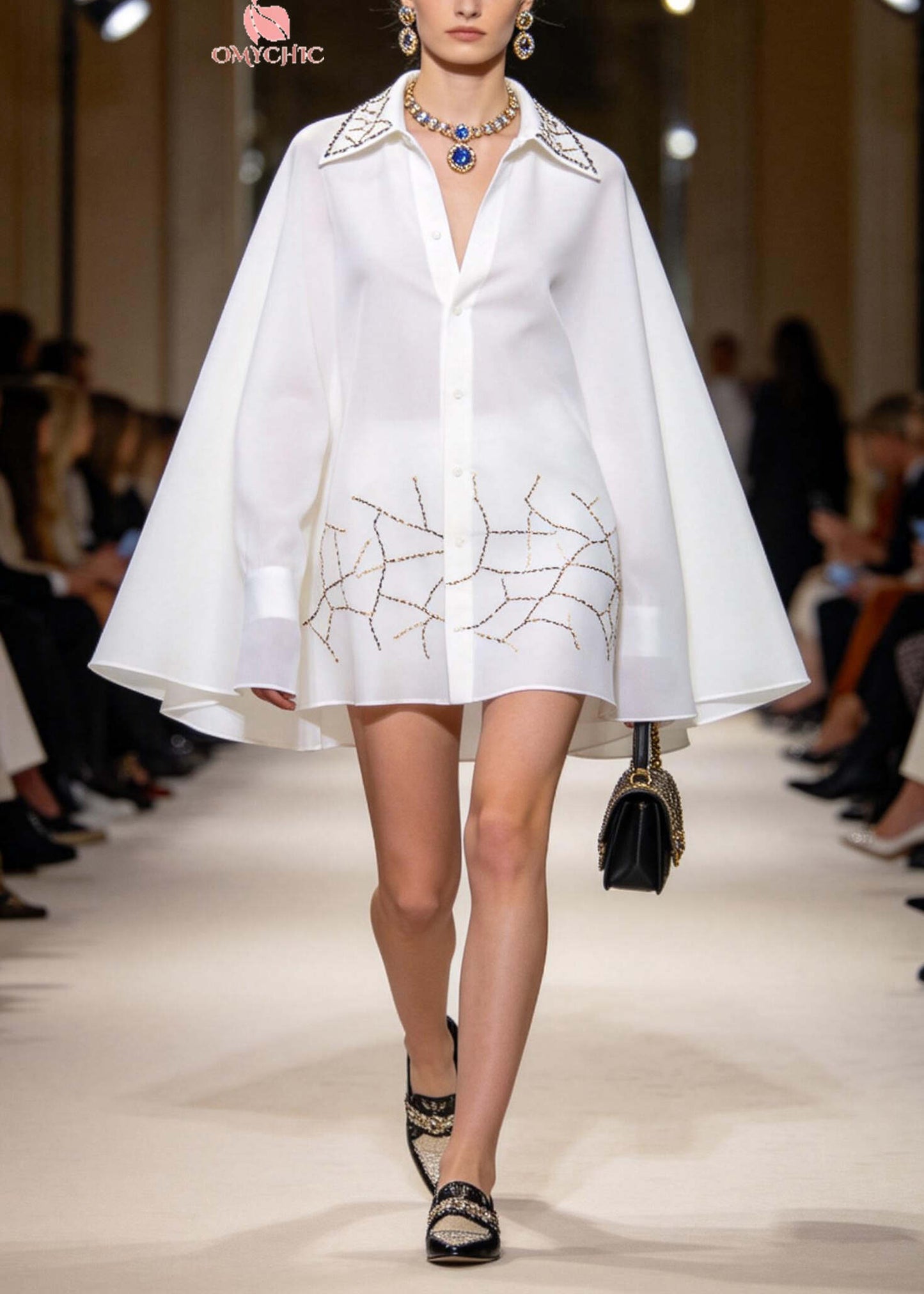 French White Oversized Print Chiffon Shirt Dresses Batwing Sleeve