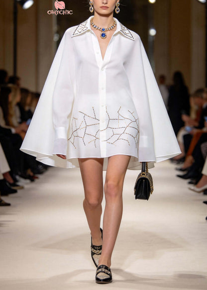 French White Oversized Print Chiffon Shirt Dresses Batwing Sleeve