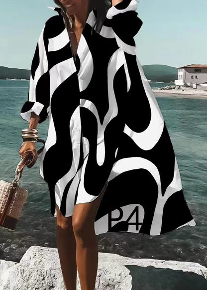 French White Oversized Print Cotton Shirt Dress Long Sleeve