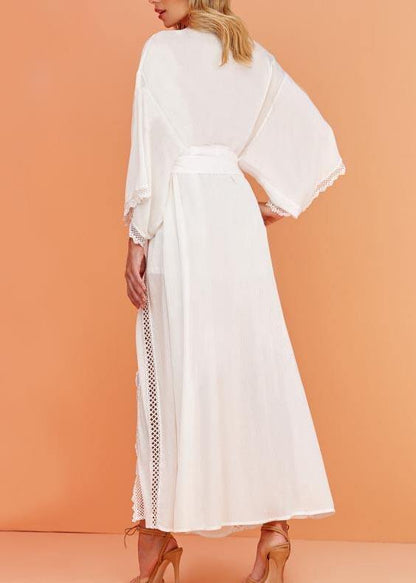 French White Patchwork tie waist kimono robe Maxi Chiffon Dress - SooLinen