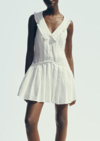 French White Peter Pan Collar Hollow Out Cotton Mid Dress Sleeveless