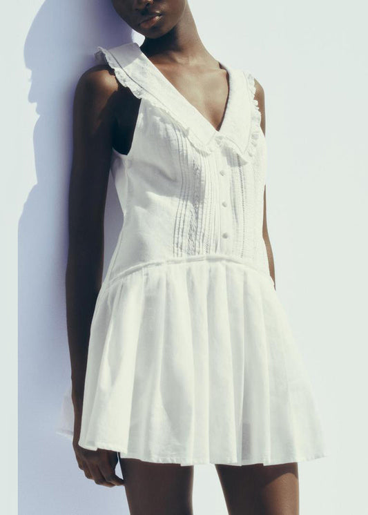 French White Peter Pan Collar Hollow Out Cotton Mid Dress Sleeveless