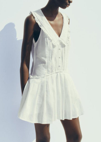 French White Peter Pan Collar Hollow Out Cotton Mid Dress Sleeveless