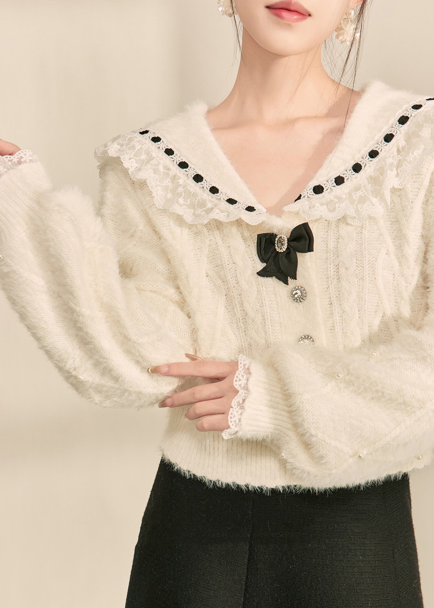 French White Peter Pan Collar Lace Patchwork Knit Sweater Winter