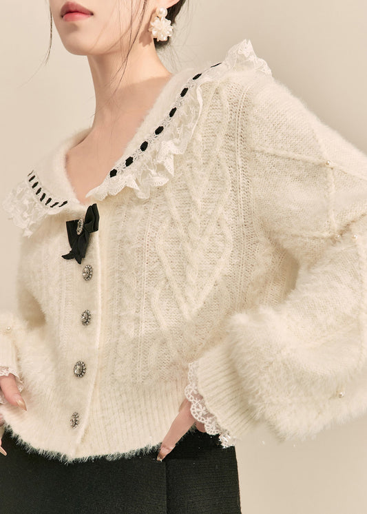 French White Peter Pan Collar Lace Patchwork Knit Sweater Winter