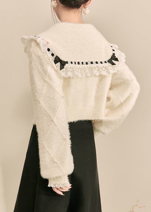French White Peter Pan Collar Lace Patchwork Knit Sweater Winter