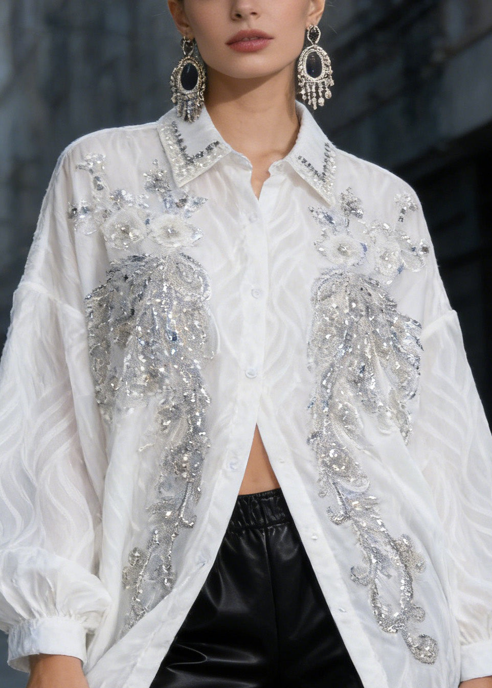 French White Peter Pan Collar Nail Bead Sequins Shirts Tops Spring