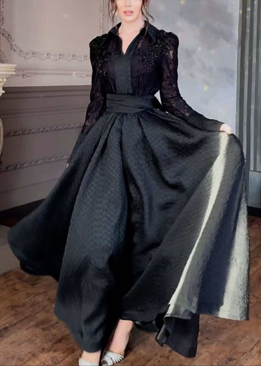 French White Peter Pan Collar Pearl Lace Long Dress Spring