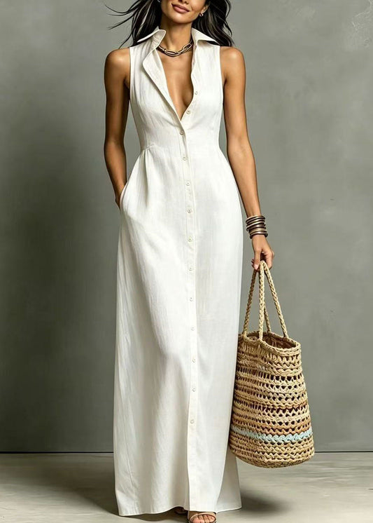 French White Peter Pan Collar Pockets Single Breasted Long Dress Summer