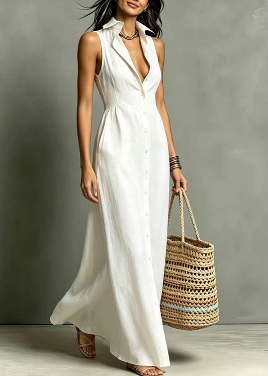 French White Peter Pan Collar Pockets Single Breasted Long Dress Summer