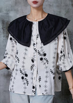 French White Peter Pan Collar Print Chiffon Shirt Top Summer