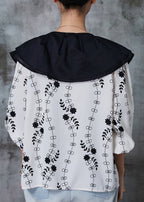 French White Peter Pan Collar Print Chiffon Shirt Top Summer