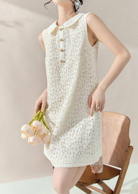 French White Peter Pan Collar Sequins Lace Mid Dress Sleeveless