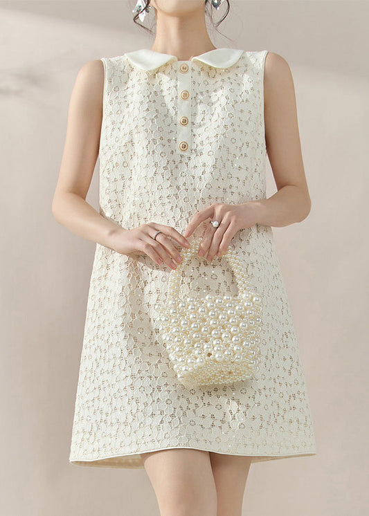 French White Peter Pan Collar Sequins Lace Mid Dress Sleeveless
