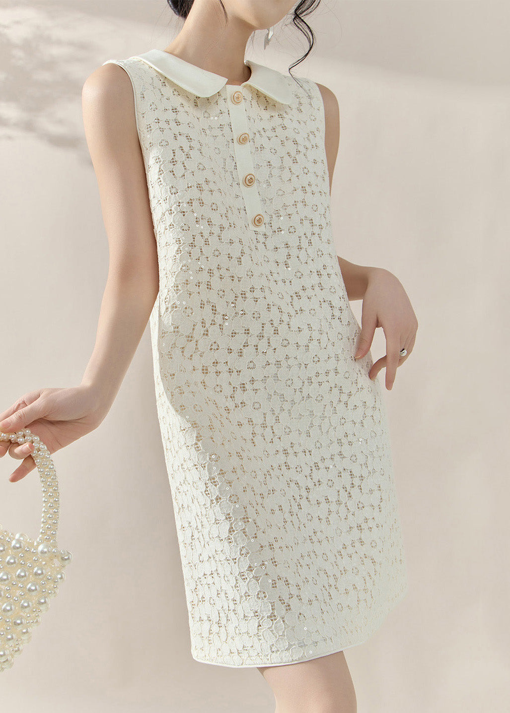 French White Peter Pan Collar Sequins Lace Mid Dress Sleeveless