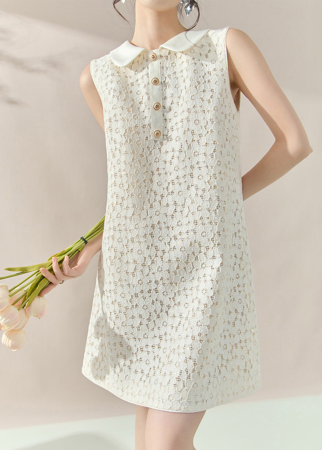 French White Peter Pan Collar Sequins Lace Mid Dress Sleeveless
