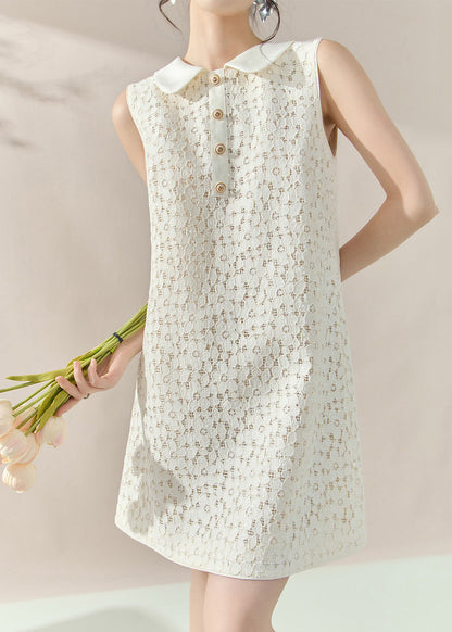 French White Peter Pan Collar Sequins Lace Mid Dress Sleeveless