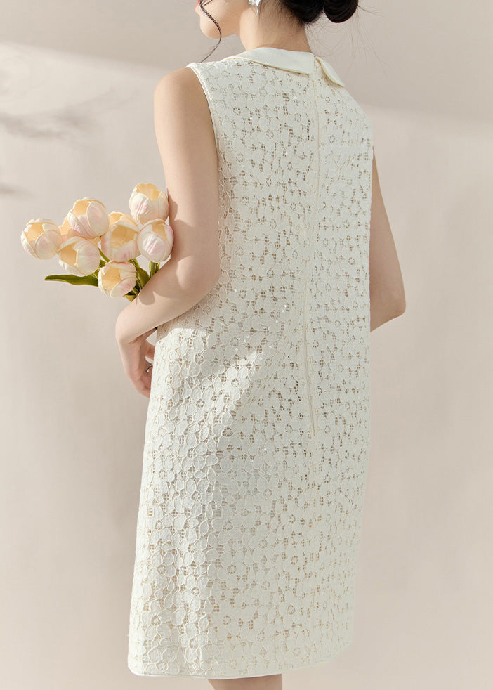 French White Peter Pan Collar Sequins Lace Mid Dress Sleeveless