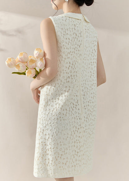 French White Peter Pan Collar Sequins Lace Mid Dress Sleeveless