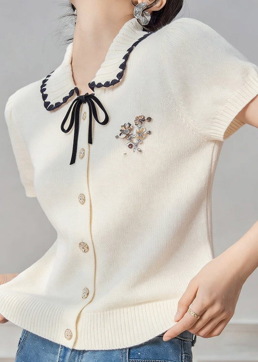 French White Peter Pan Collar Tie Lace Knit Top Short Sleeve